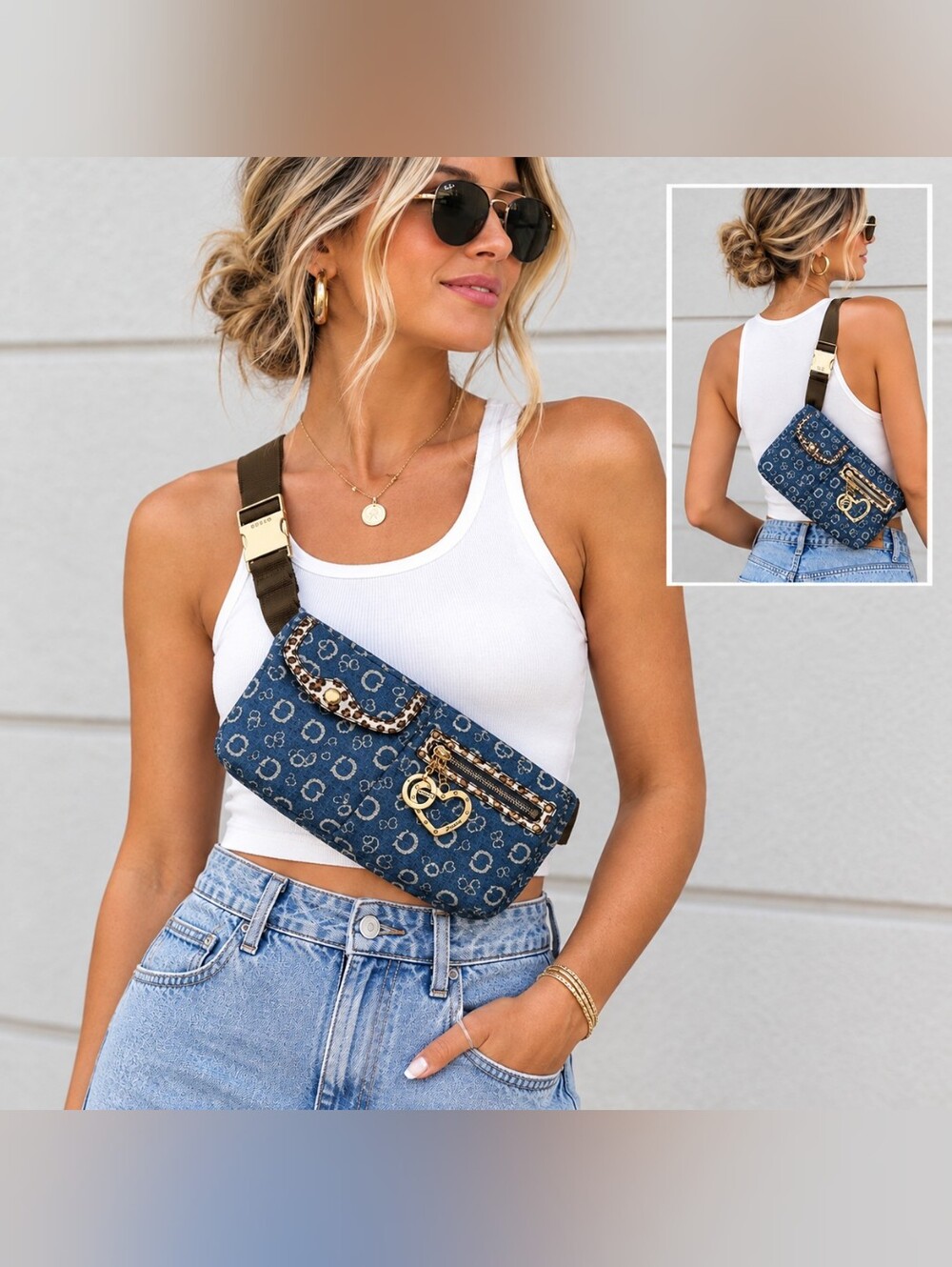 Vintage Y2K GUESS Denim Monogram Metallic Leopard Print Waist Bag/Fanny Pack